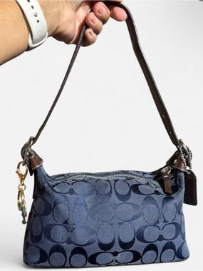 Coach Small Baguette Navy  Dark Blue Signature Jacquard Shoulder Bag